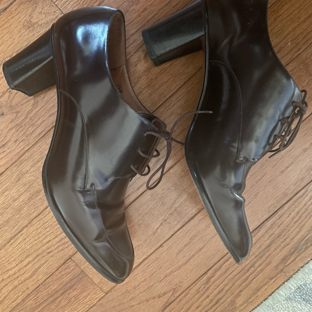Coach Lace Up Brown Leather Block Heeled Oxford Dress Ankle Boots Size 7.5 - Picture 3 of 7